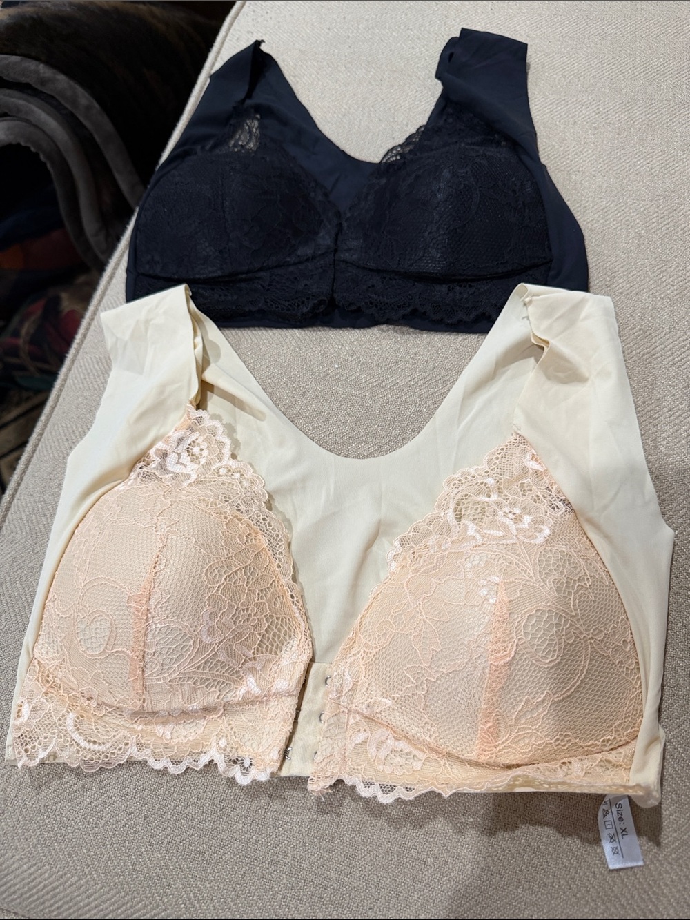 2 Lace Front-Closure Comfort Bra in Nude and black front closure Size XL